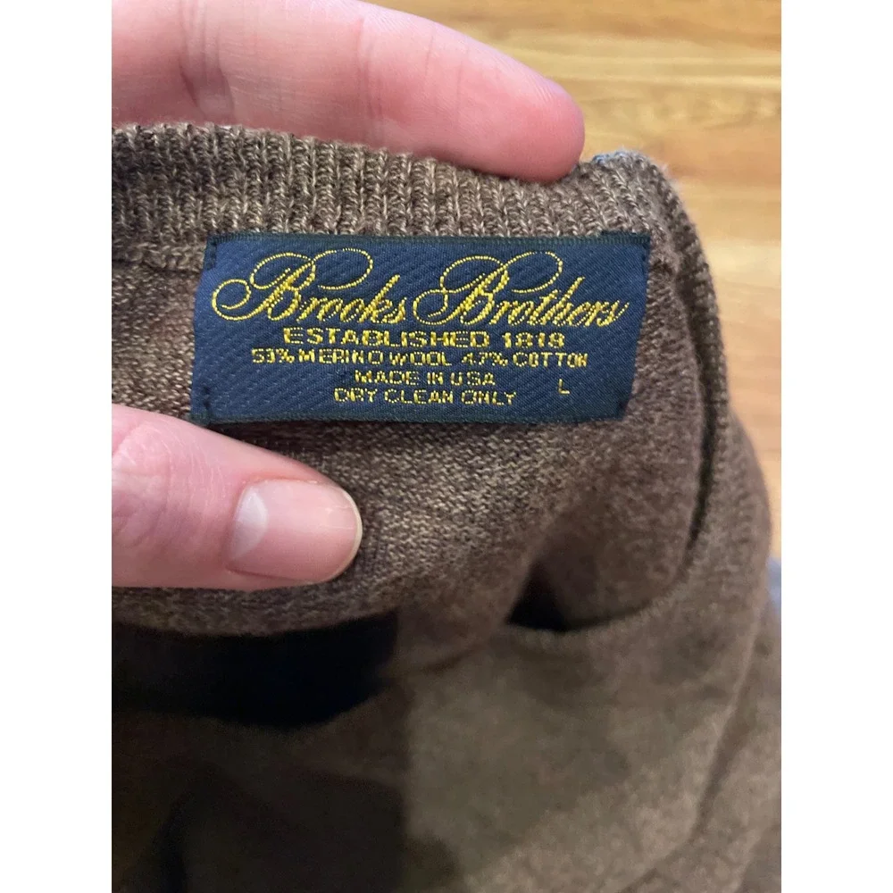 VTG Brooks Brothers Mens Sweater Large Brown Merino Wool Cotton V-Neck USA Made